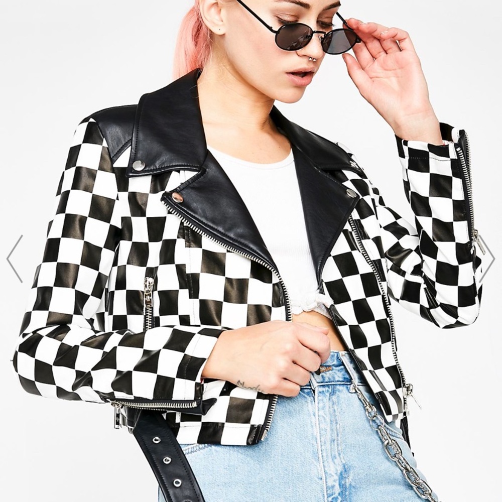 Black and white/ checkered vegan leather jacket